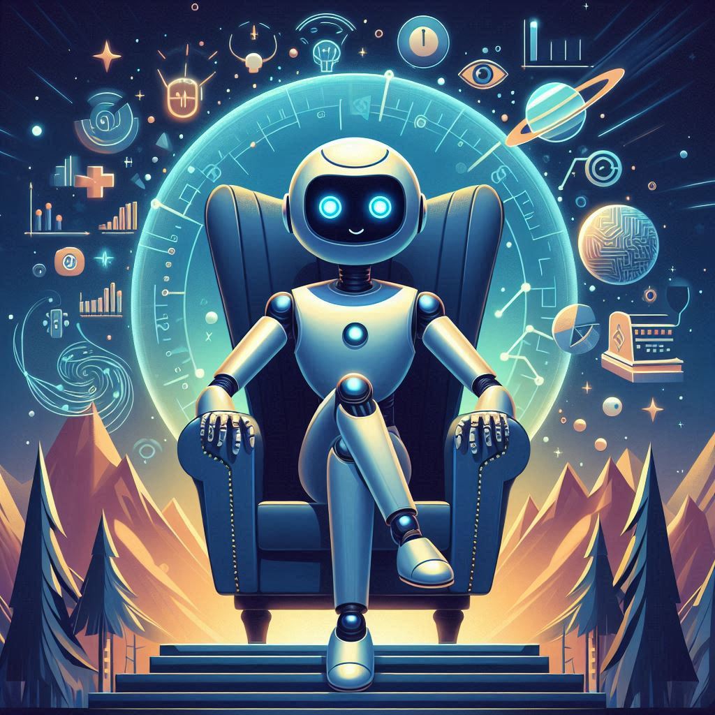 Robot sitting in chair with legs crossed.