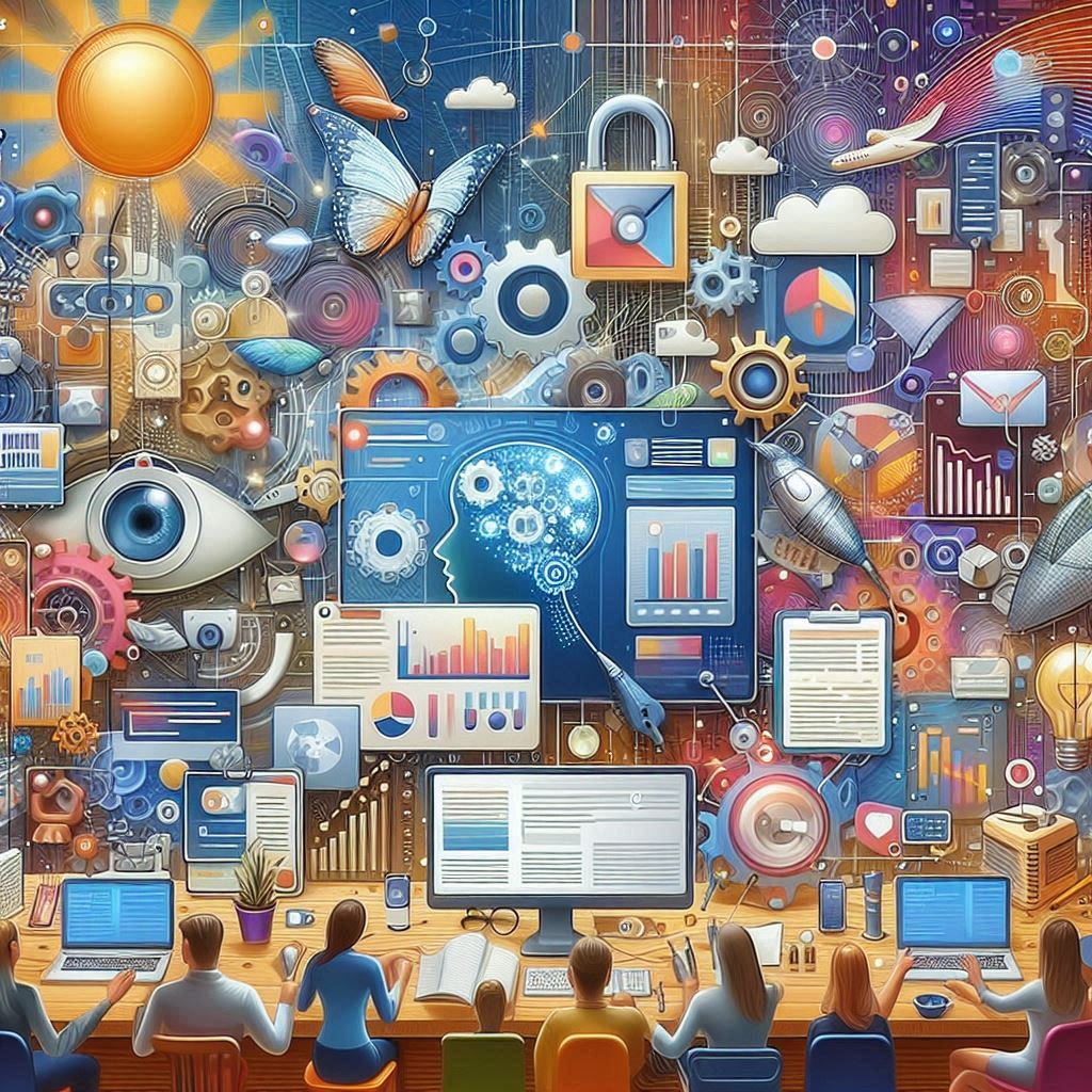Collage of electronic and technical elements, in vivid colors