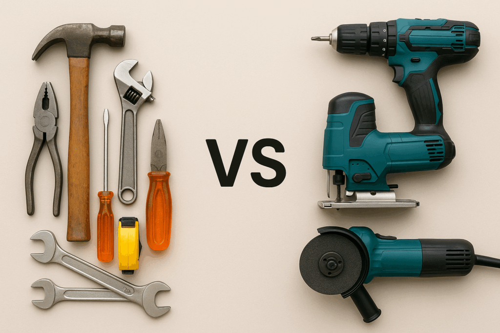 various hand tools on the left side, "VS" in the middle, electric drill on the right.